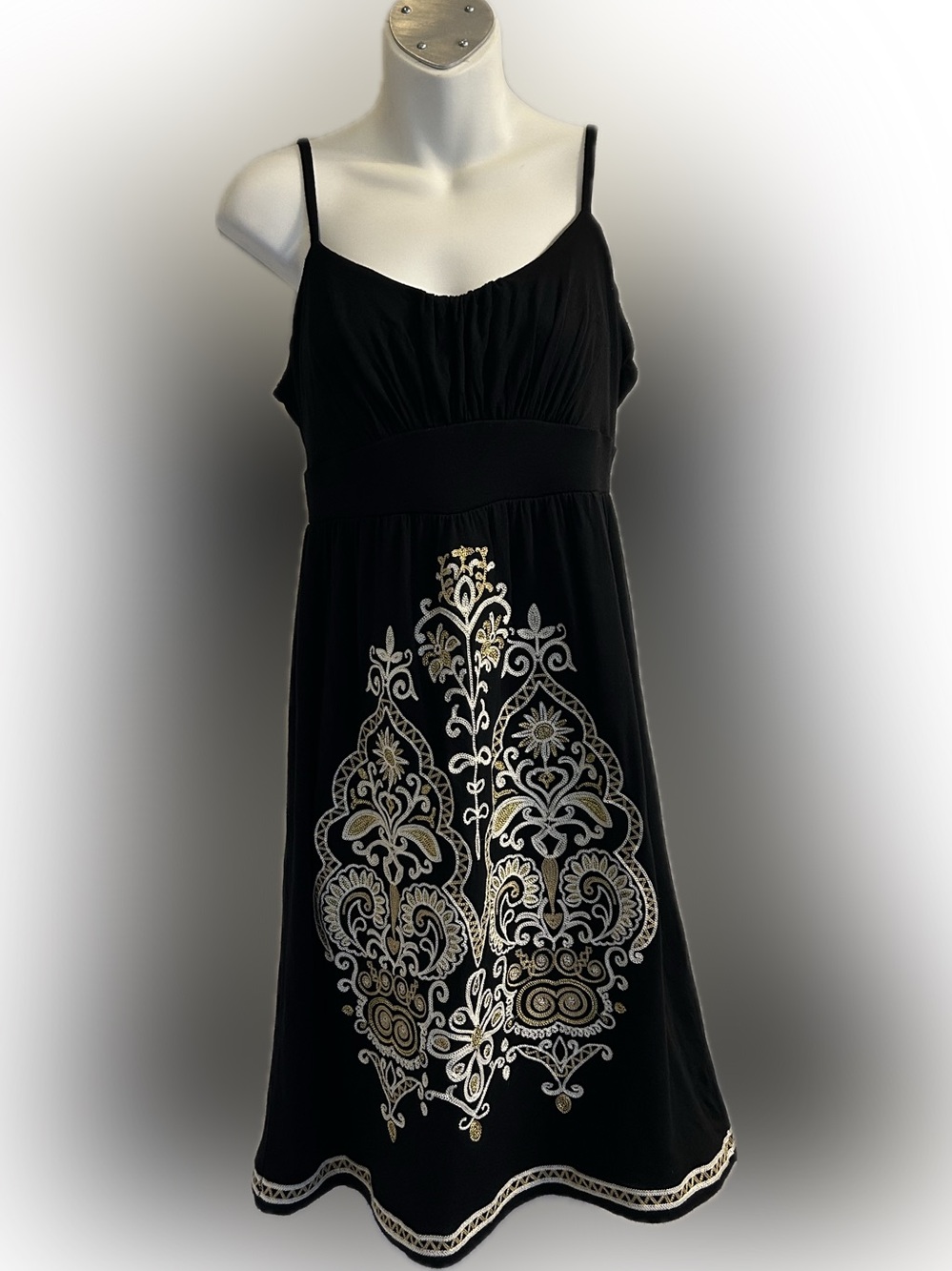 Black Maxi Dress with Gold & Silver Embroidered Motif